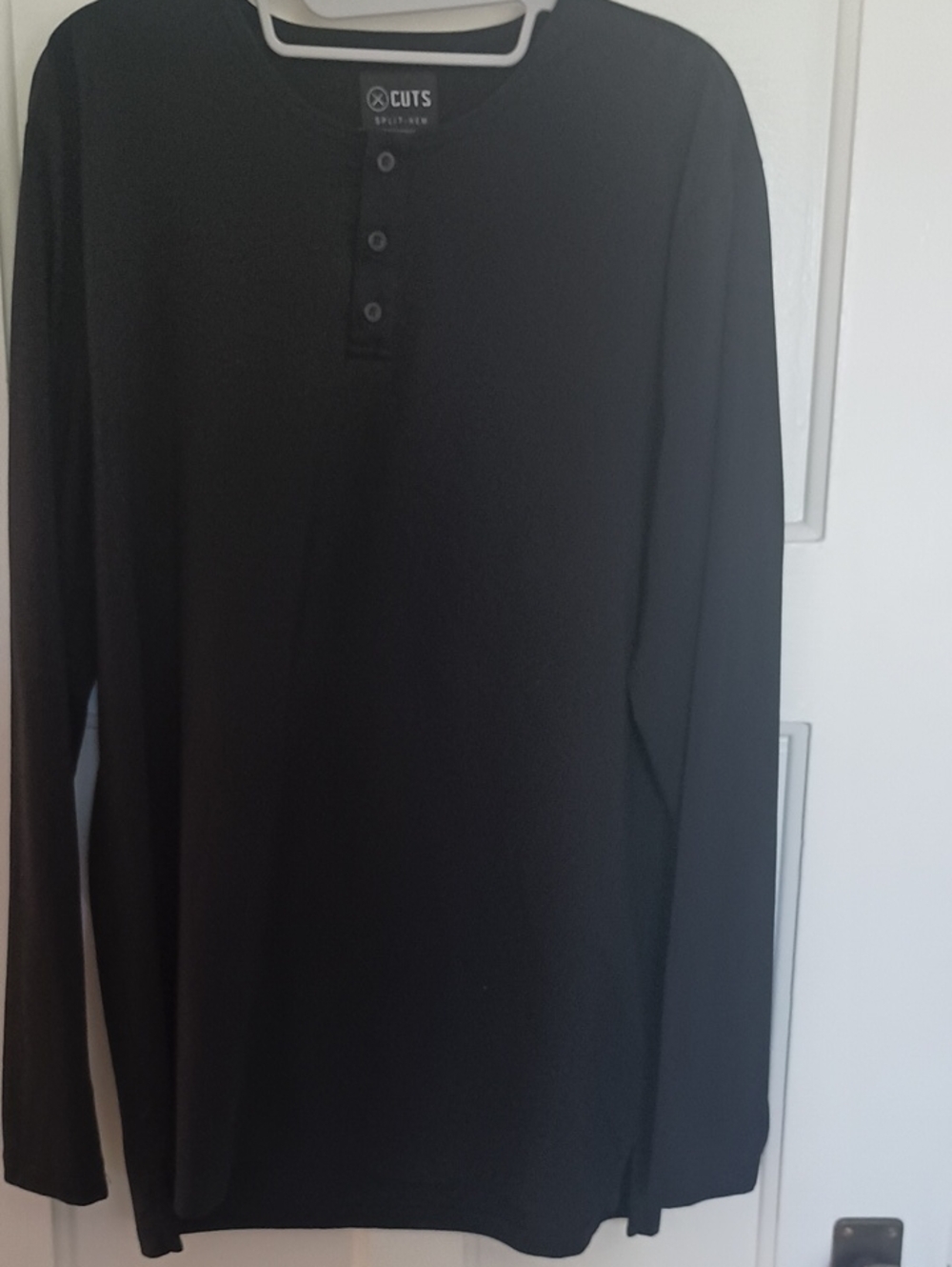 Cuts Split Hem Black Long-Sleeve Henley Shirt
